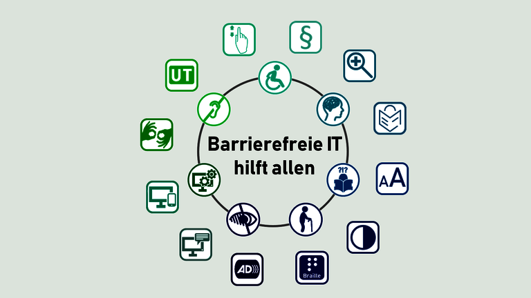 Grafik mehrerer Symbole, welche mit Barrierefreiheit assoziiert sind.