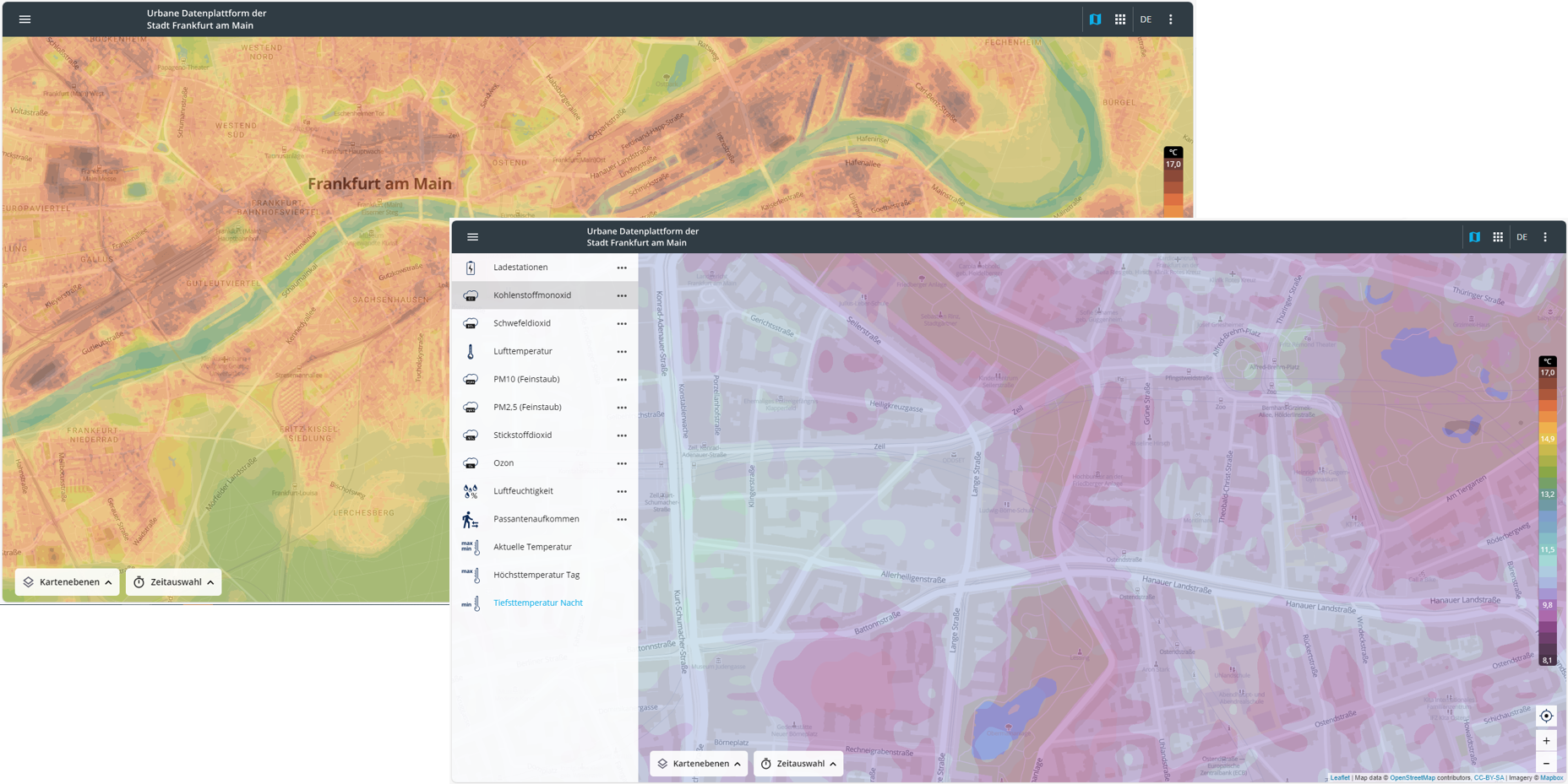 Karten zur Darstellung der Temperaturverteilung von Frankfurt am Main.