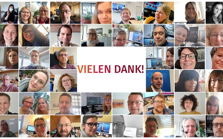 Fotocollage von mehreren Personen; in der Mitte eine Schriftgrafik mit den Worten vielen Dank.